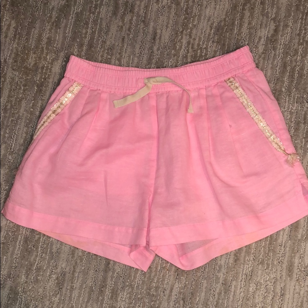 pink and gold j crew shorts